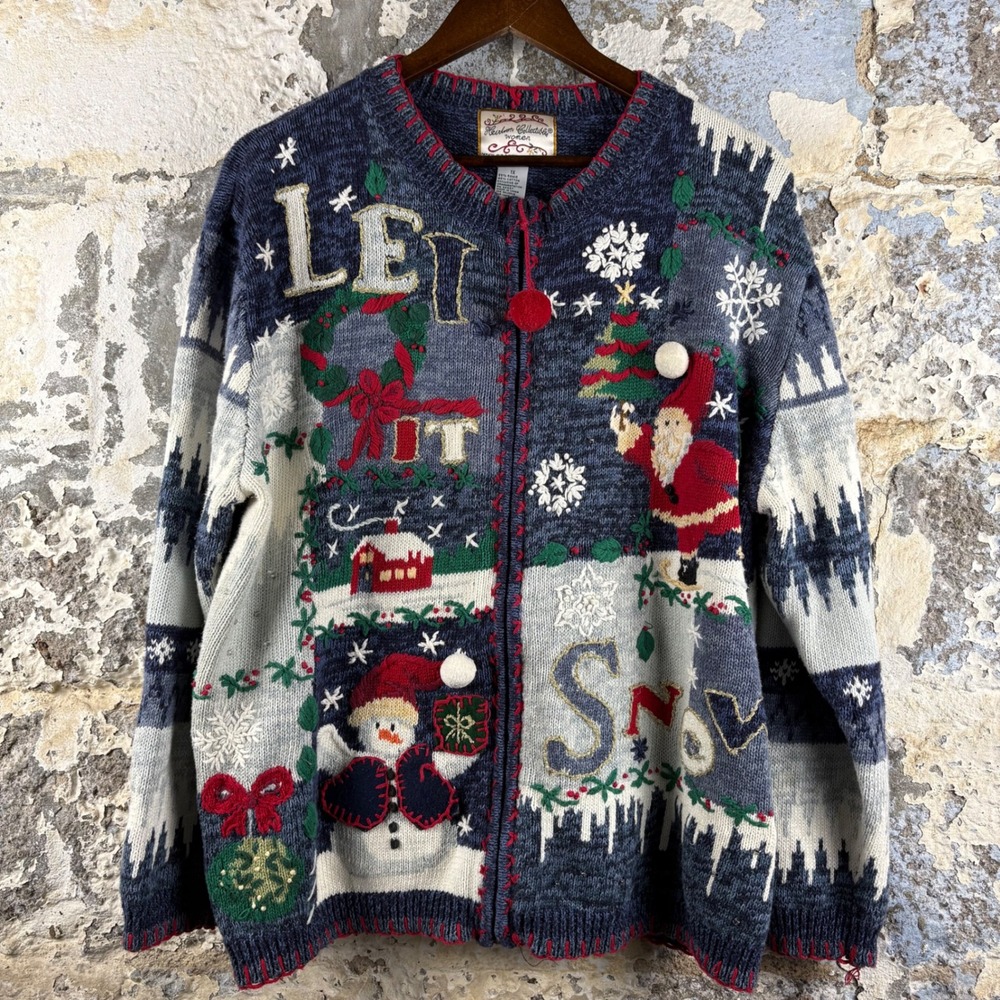 Vintage Heirloom Collectibles Ugly Christmas Sweater Zip Up Santa Snowman 1X